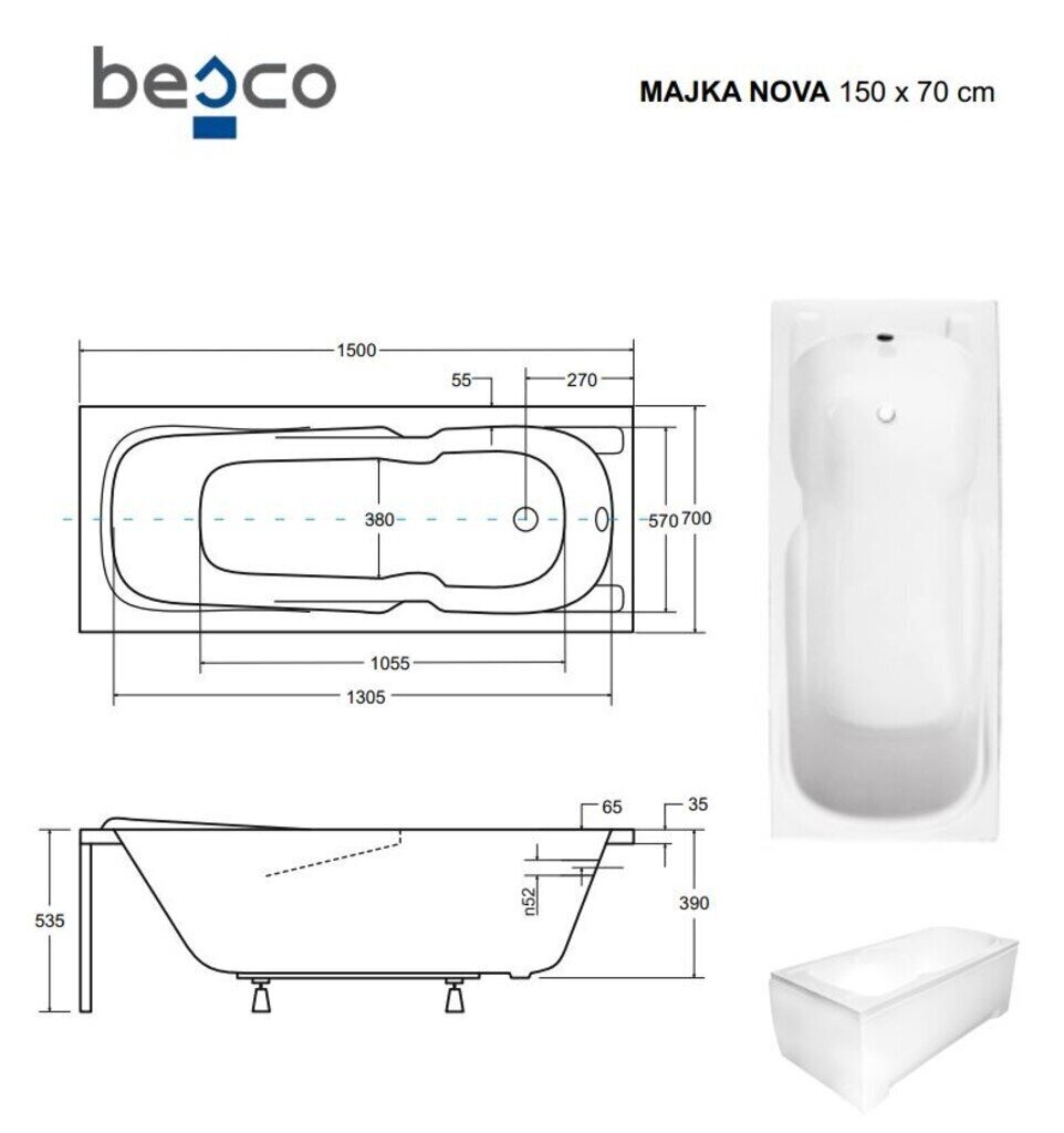 Kylpyamme Besco Majka Nova, 150x70 cm hinta ja tiedot | Kylpyammeet | hobbyhall.fi