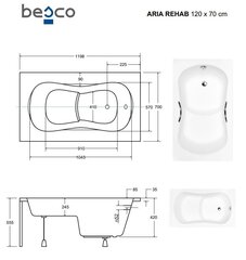 Kylpyamme Besco Aria Rehab paneeleilla, 120x70 cm hinta ja tiedot | Kylpyammeet | hobbyhall.fi