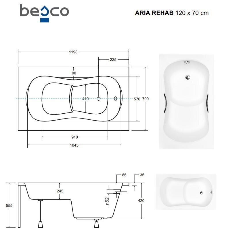 Kylpyamme Besco Aria Rehab paneeleilla, 120x70 cm hinta ja tiedot | Kylpyammeet | hobbyhall.fi