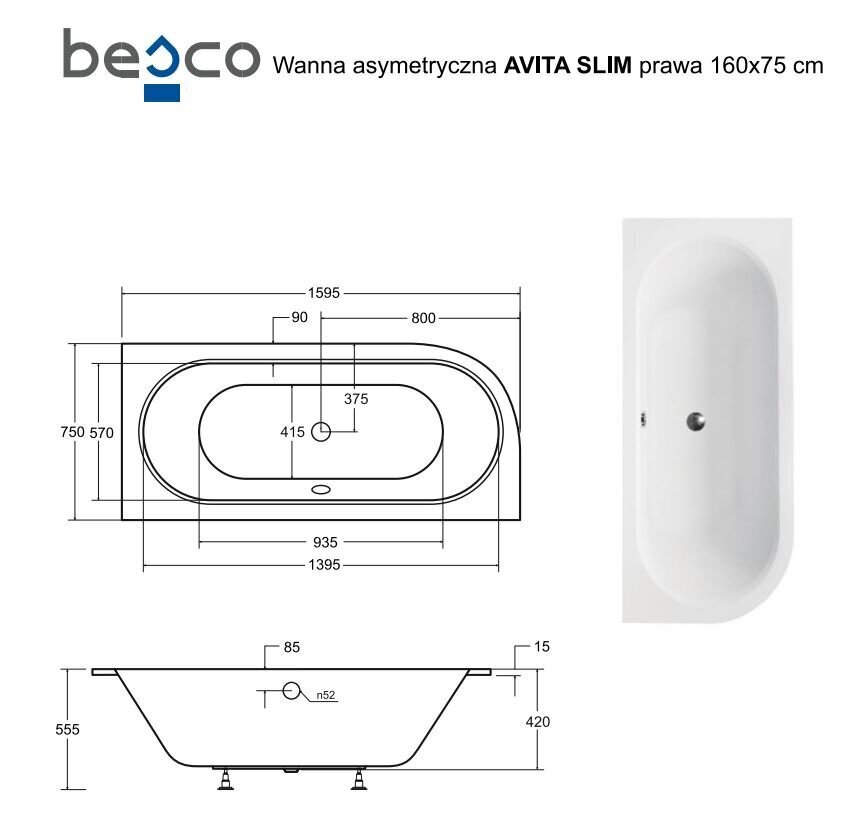 Kylpyamme Besco Avita Slim, 160x75 cm, oikea hinta ja tiedot | Kylpyammeet | hobbyhall.fi