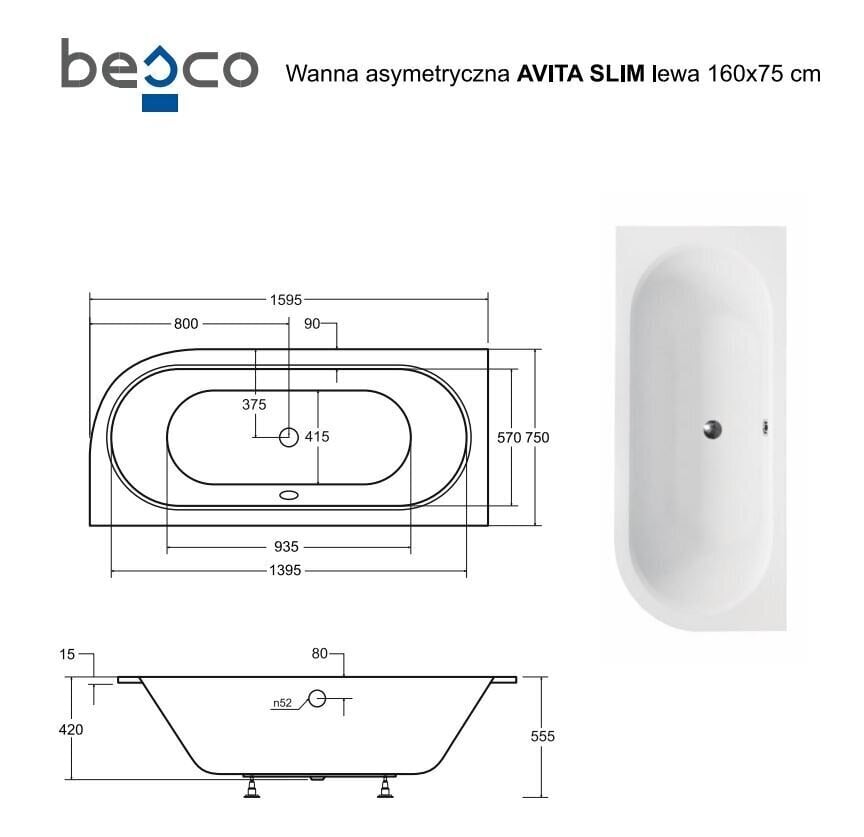 Kylpyamme Besco Avita Slim, 160x75 cm, vasen hinta ja tiedot | Kylpyammeet | hobbyhall.fi