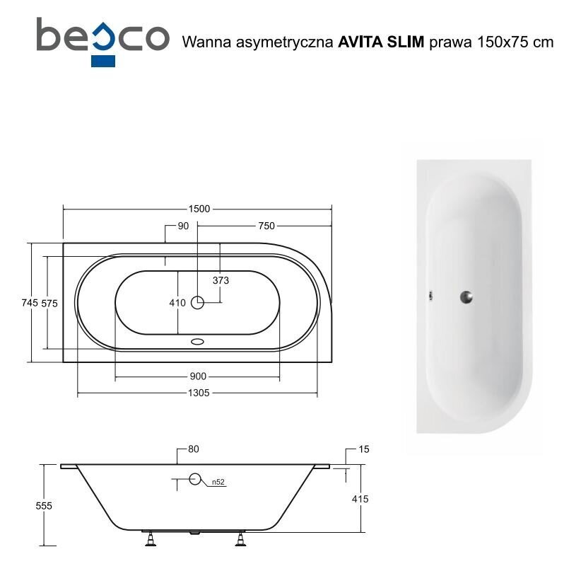 Kylpyamme Besco Avita Slim, 150x75 cm, oikea hinta ja tiedot | Kylpyammeet | hobbyhall.fi