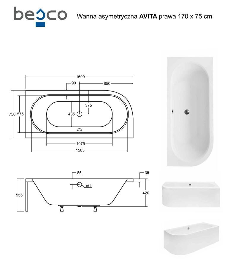 Kylpyamme Besco Avita paneelilla, 170x75 cm, oikea hinta ja tiedot | Kylpyammeet | hobbyhall.fi