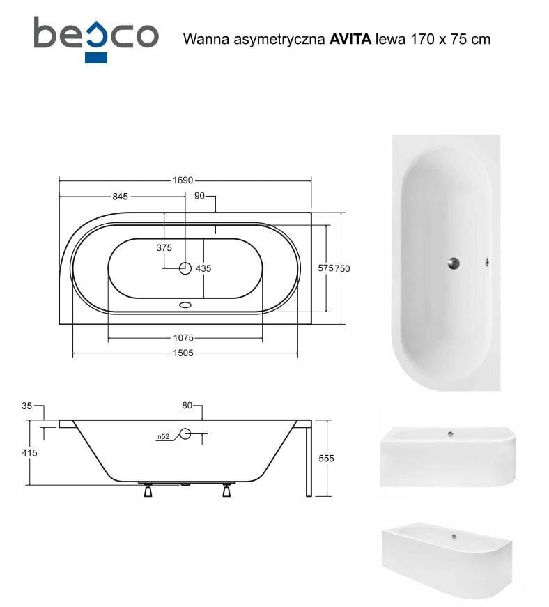 Kylpyamme Besco Avita paneelilla, 170x75 cm, vasen hinta ja tiedot | Kylpyammeet | hobbyhall.fi