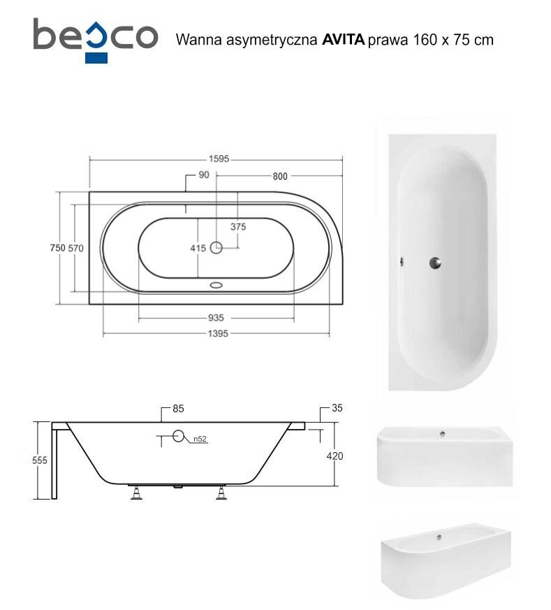 Kylpyamme Besco Avita paneelilla, 160x75 cm, oikea hinta ja tiedot | Kylpyammeet | hobbyhall.fi