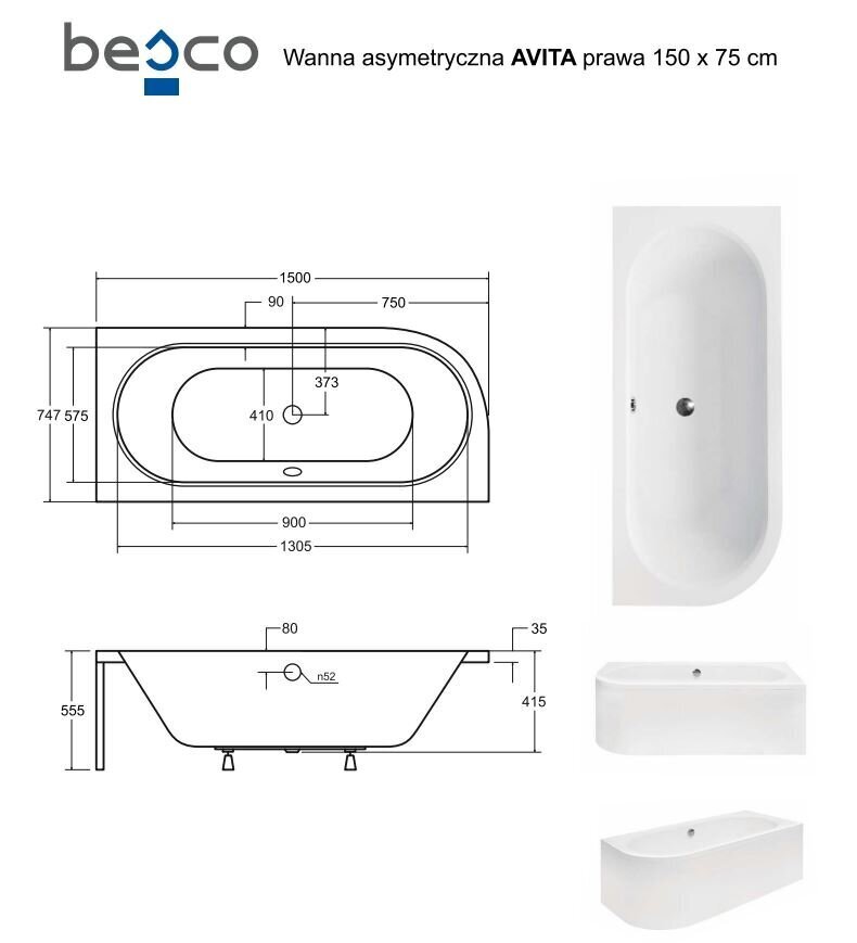 Kylpyamme Besco Avita paneeleilla, 150x75 cm, oikea hinta ja tiedot | Kylpyammeet | hobbyhall.fi