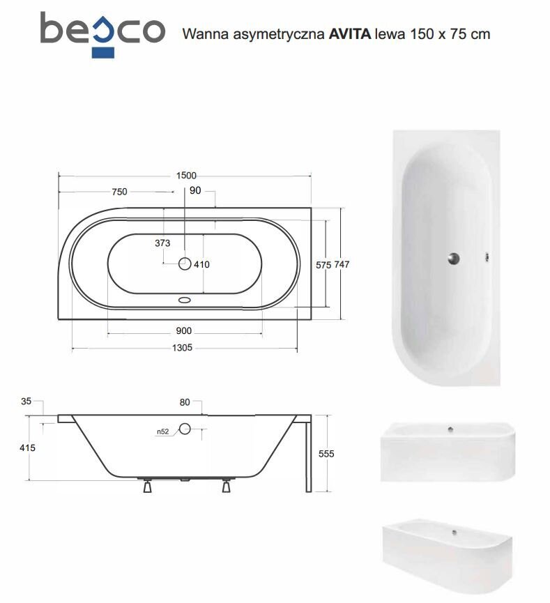 Kylpyamme Besco Avita paneeleilla, 150x75 cm, vasen hinta ja tiedot | Kylpyammeet | hobbyhall.fi