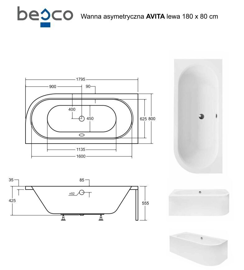 Kylpyamme Besco Avita, 180x80 cm, vasen hinta ja tiedot | Kylpyammeet | hobbyhall.fi