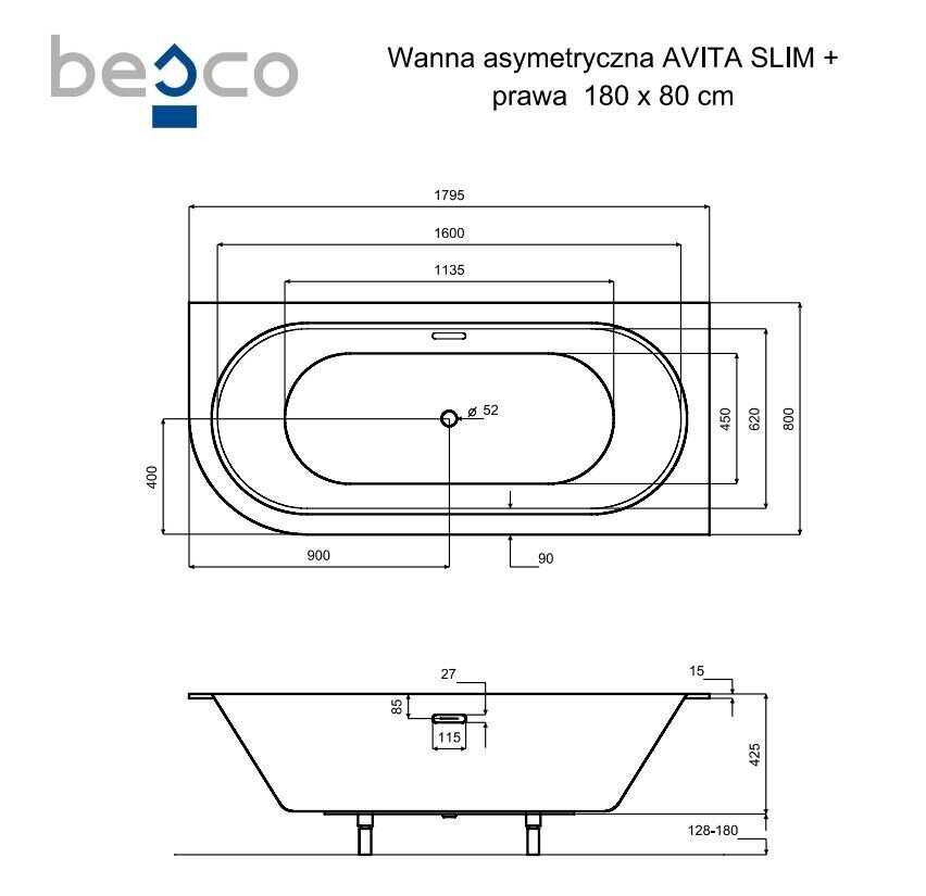 Kylpyamme Besco Avita Slim+, 180x80 cm, oikea hinta ja tiedot | Kylpyammeet | hobbyhall.fi