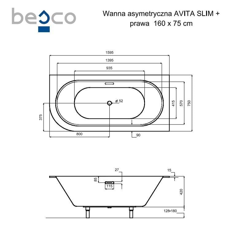 Kylpyamme Besco Avita Slim+, 160x75 cm, oikea hinta ja tiedot | Kylpyammeet | hobbyhall.fi