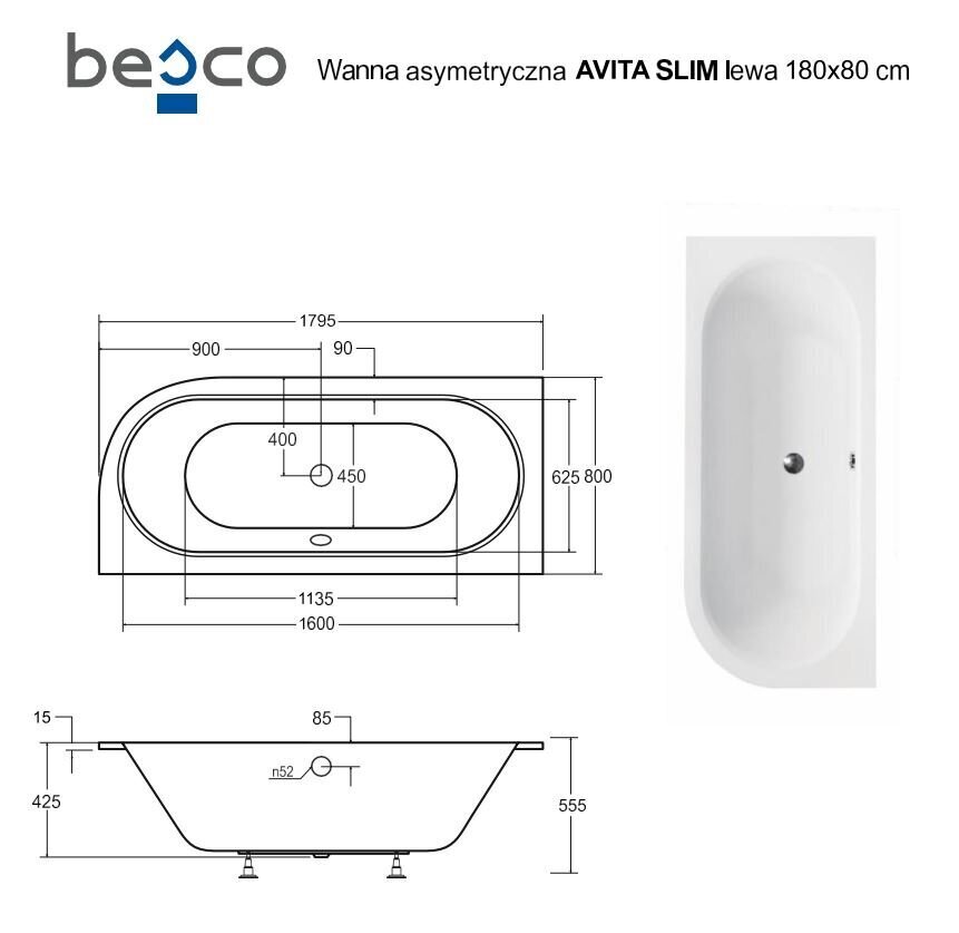 Kylpyamme Besco Avita Slim, 180x80 cm, vasen hinta ja tiedot | Kylpyammeet | hobbyhall.fi