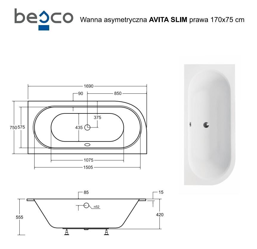 Kylpyamme Besco Avita Slim, 170x75 cm, oikea hinta ja tiedot | Kylpyammeet | hobbyhall.fi