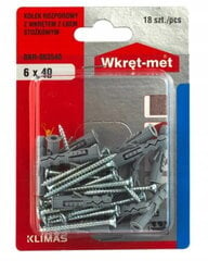 Yleiskäyttöiset seinätulpat ruuvilla 6x40mm 18kpl hinta ja tiedot | Käsityökalut | hobbyhall.fi