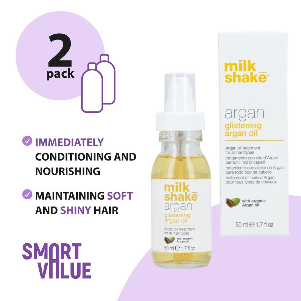 Öljy kaikille hiustyypeille Milk Shake Argan Glistening Argan Oil, 50ml x 2 hinta ja tiedot | Hiusnaamiot, öljyt ja seerumit | hobbyhall.fi