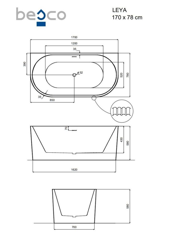 Kylpyamme Besco Leya B&W, 170x78 cm hinta ja tiedot | Kylpyammeet | hobbyhall.fi