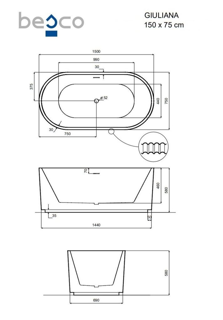 Kylpyamme Besco Giuliana, 150x75 cm hinta ja tiedot | Kylpyammeet | hobbyhall.fi