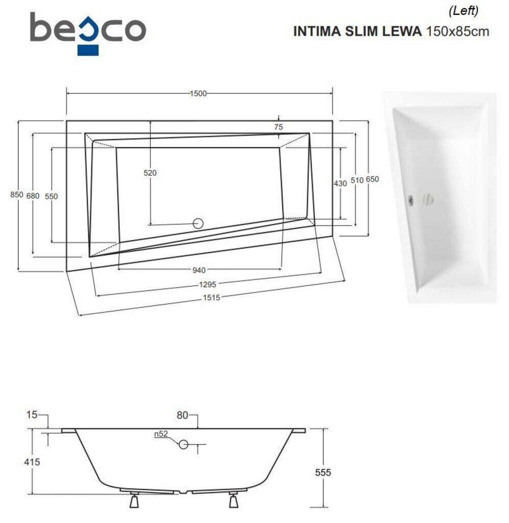 Kylpyamme Besco Intima Slim, 150x85 cm, vasen hinta ja tiedot | Kylpyammeet | hobbyhall.fi