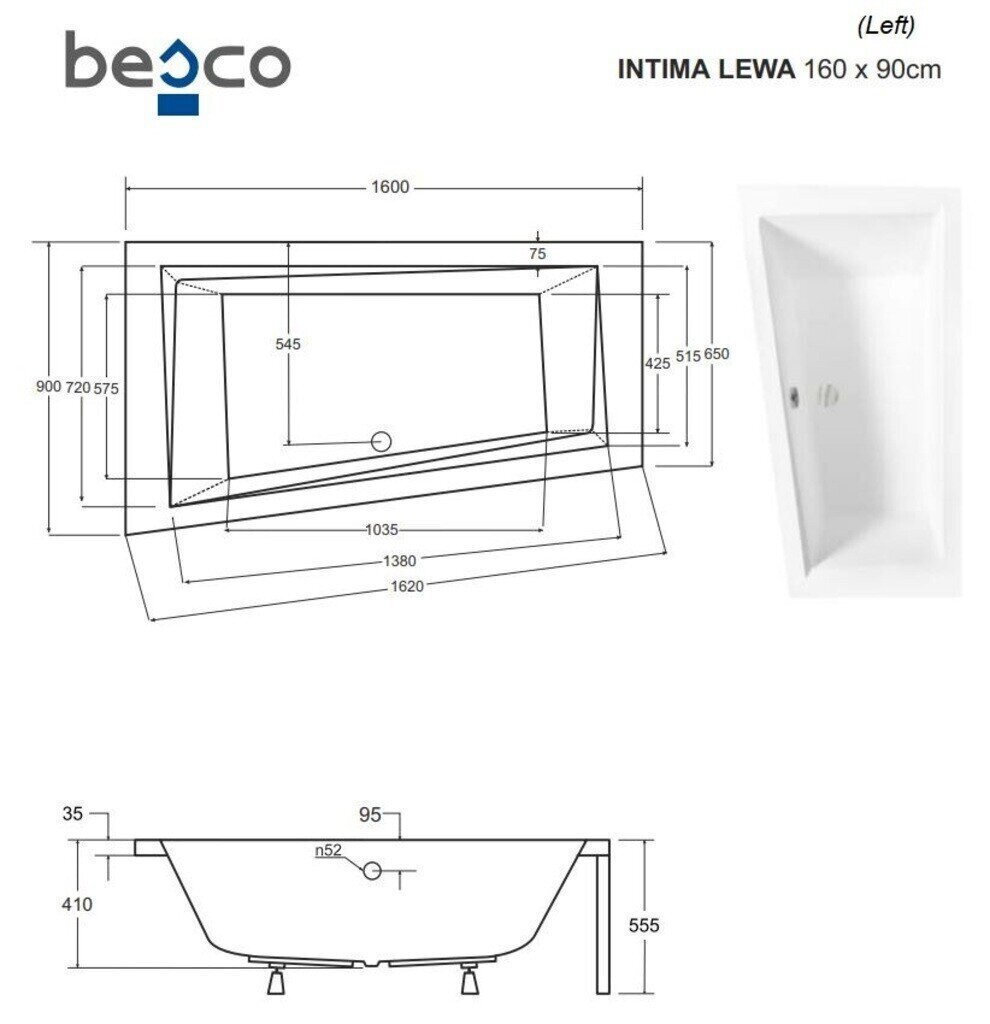 Kylpyamme Besco Intima paneelilla, 160x90 cm, vasen hinta ja tiedot | Kylpyammeet | hobbyhall.fi