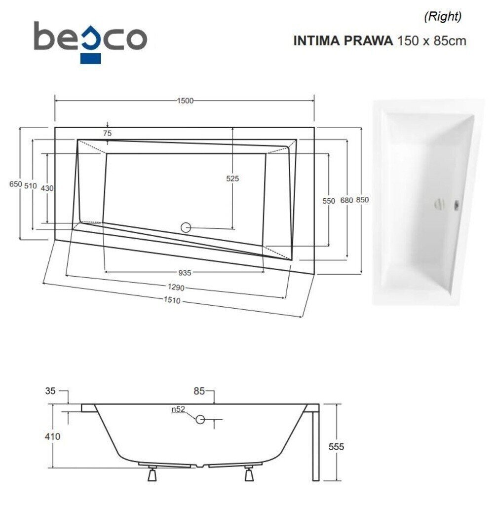 Kylpyamme Besco Intima -paneelilla, 150x85 cm, oikea hinta ja tiedot | Kylpyammeet | hobbyhall.fi