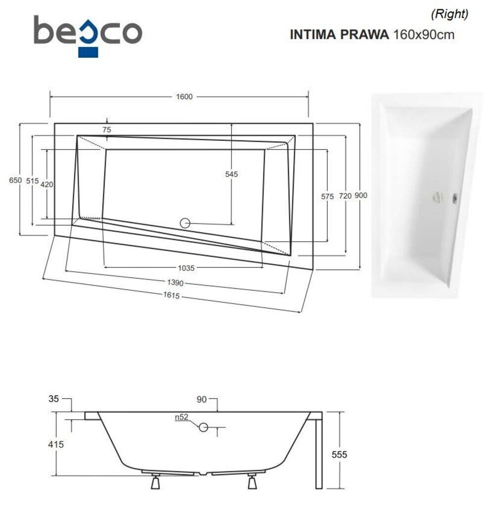 Kylpyamme Besco Intima paneelilla, 160x90 cm, oikea hinta ja tiedot | Kylpyammeet | hobbyhall.fi