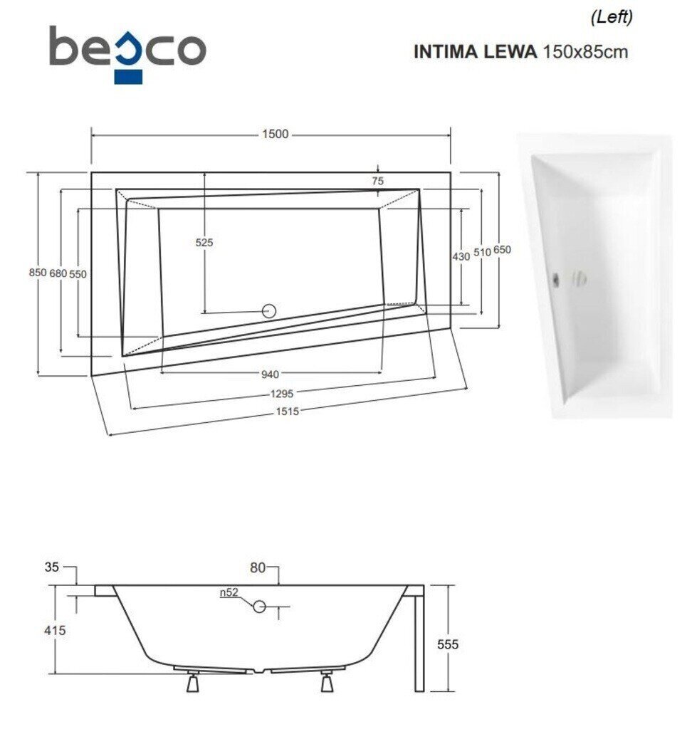 Kylpyamme Besco Intima paneelilla, 150x85 cm, vasen hinta ja tiedot | Kylpyammeet | hobbyhall.fi