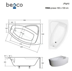 Kylpyamme Besco Rima paneelilla, 160x100 cm, oikea hinta ja tiedot | Kylpyammeet | hobbyhall.fi