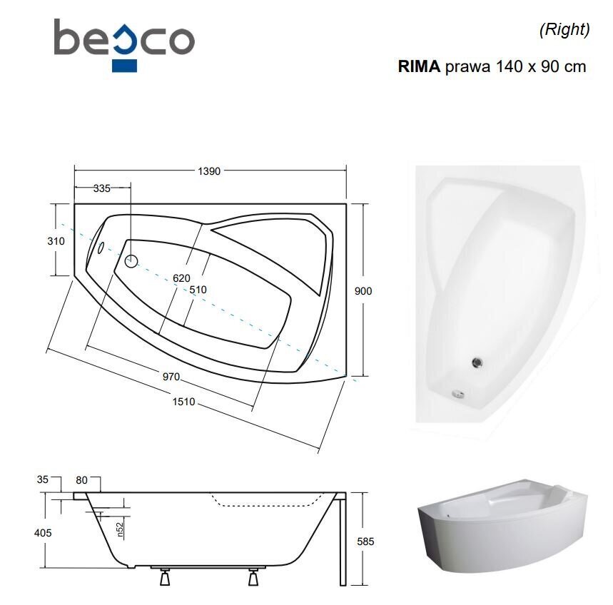 Kylpyamme Besco Rima paneelilla, 140x90 cm, oikea hinta ja tiedot | Kylpyammeet | hobbyhall.fi