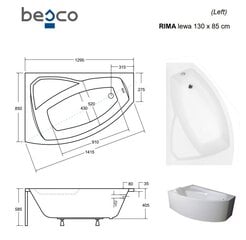 Kylpyamme Besco Rima paneelilla, 130x85 cm, vasen hinta ja tiedot | Kylpyammeet | hobbyhall.fi