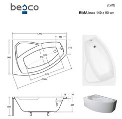 Kylpyamme Besco Rima, 140x90 cm, vasen hinta ja tiedot | Kylpyammeet | hobbyhall.fi