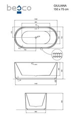 Kylpyamme Besco Giuliana B&W, 150x75 cm hinta ja tiedot | Kylpyammeet | hobbyhall.fi