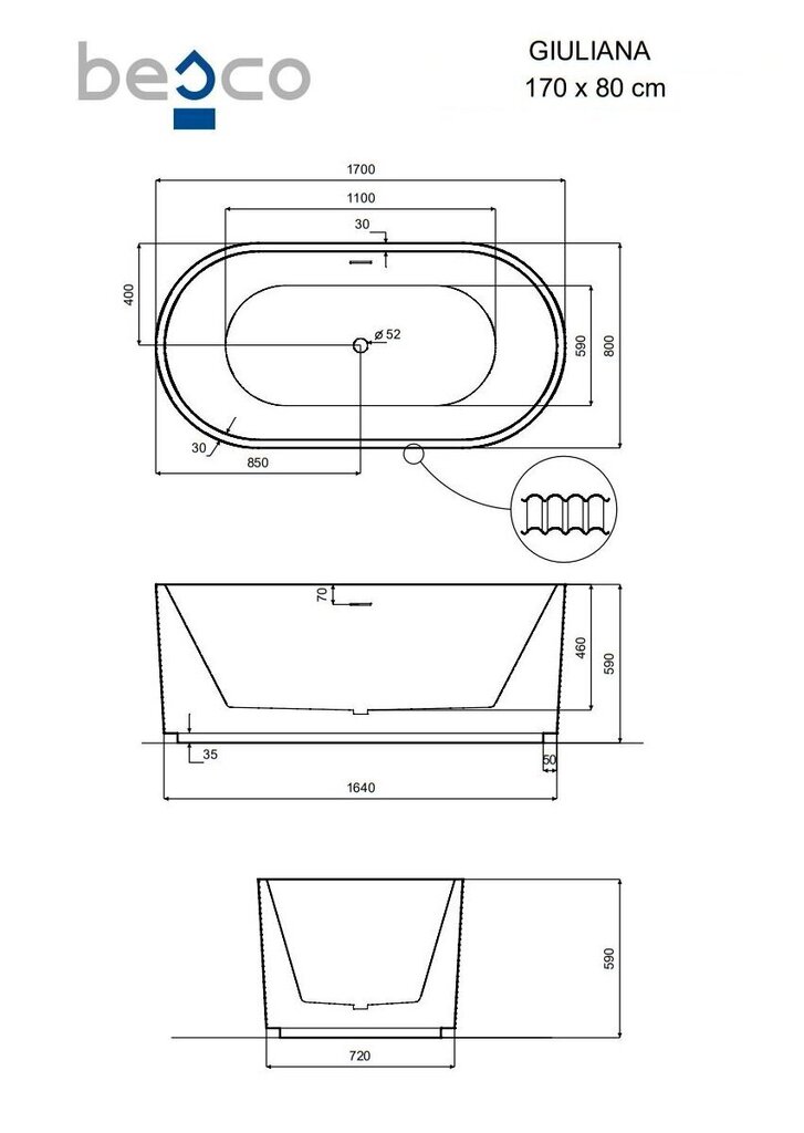 Kylpyamme Besco Giuliana, 170x80 cm hinta ja tiedot | Kylpyammeet | hobbyhall.fi