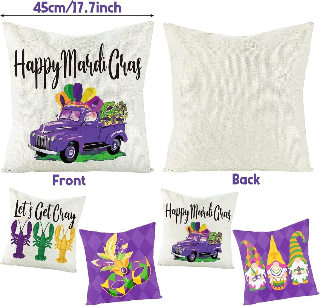 WATINC 4 kappaletta Mardi Gras -tyynyjä, karnevaalikoristeet 45x45cm hinta ja tiedot | Koristetyynyt ja tyynynpäälliset | hobbyhall.fi