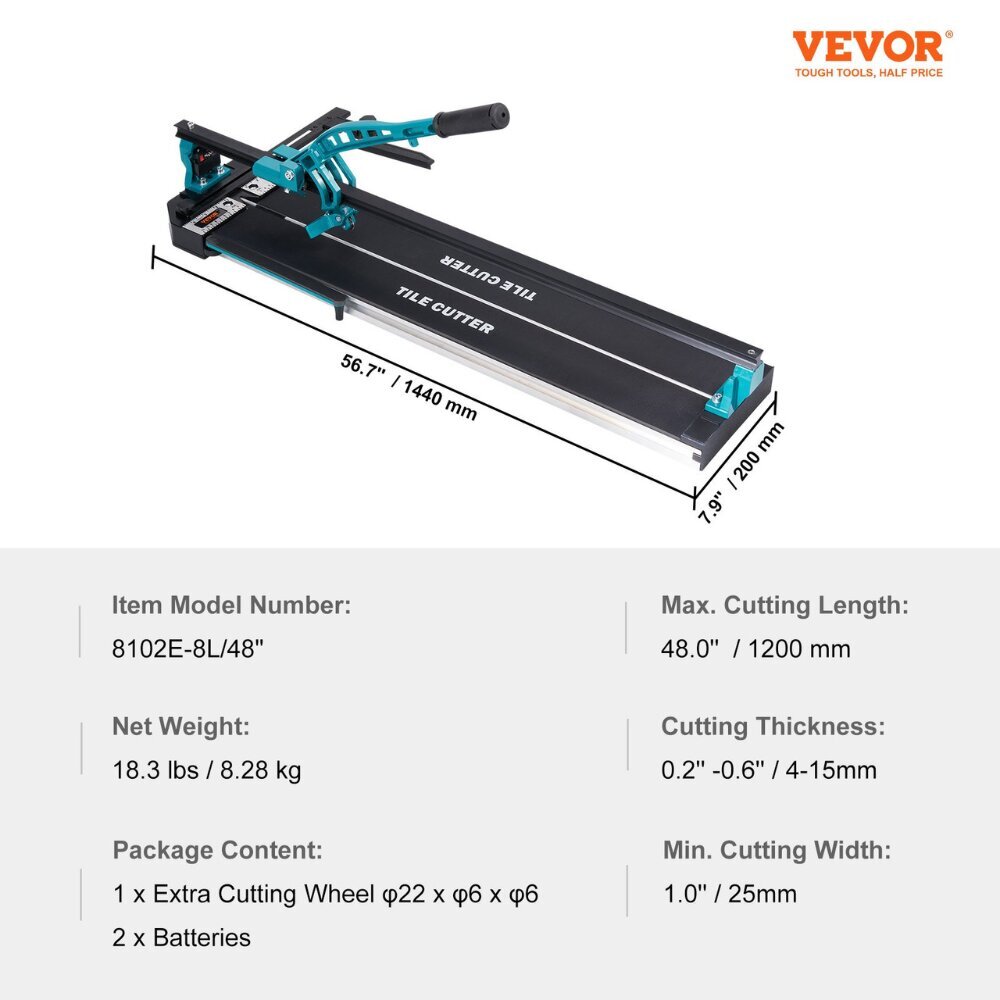 Ammattilaisen laattaleikkuri Vevor, 1200 mm, 4-15 mm hinta ja tiedot | Sahat ja sirkkelit | hobbyhall.fi