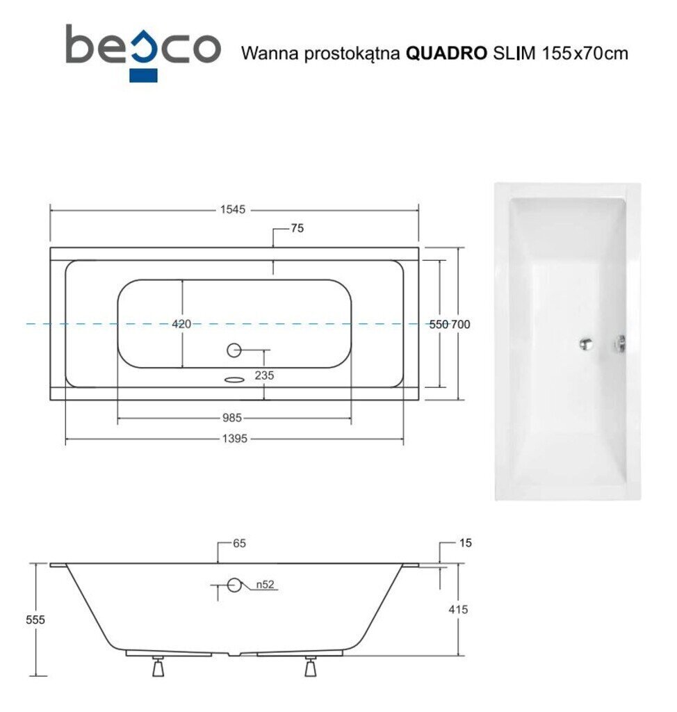 Kylpyamme Besco Quadro Slim, 155x70 cm hinta ja tiedot | Kylpyammeet | hobbyhall.fi