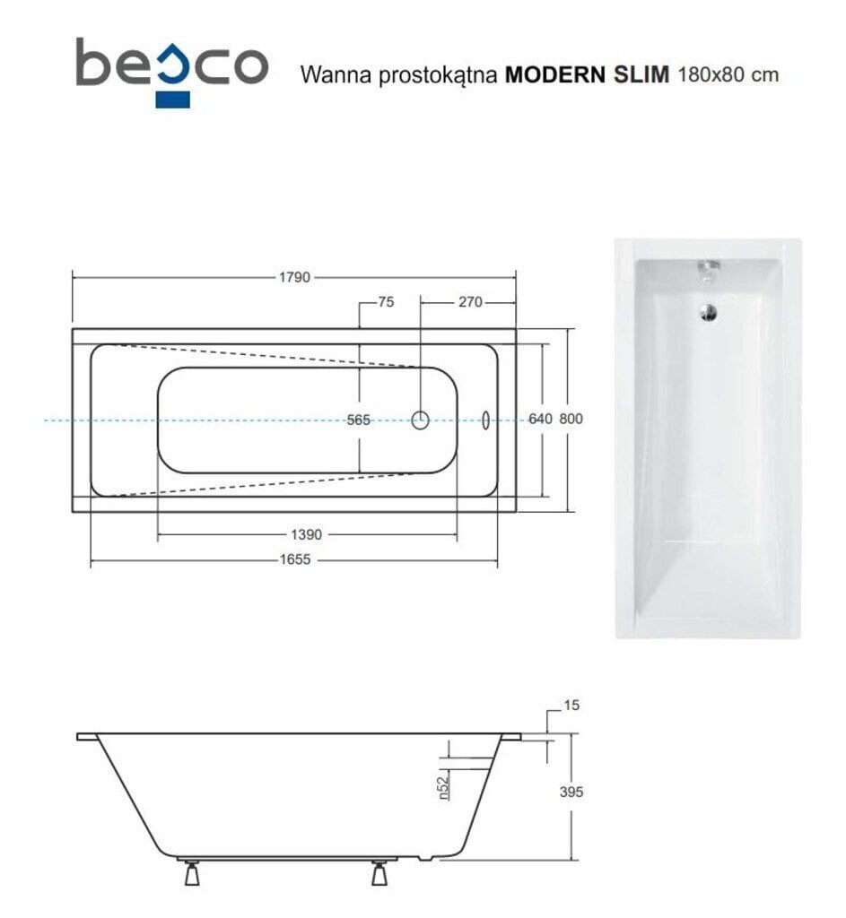 Kylpyamme Besco Modern Slim, 180x80 cm hinta ja tiedot | Kylpyammeet | hobbyhall.fi