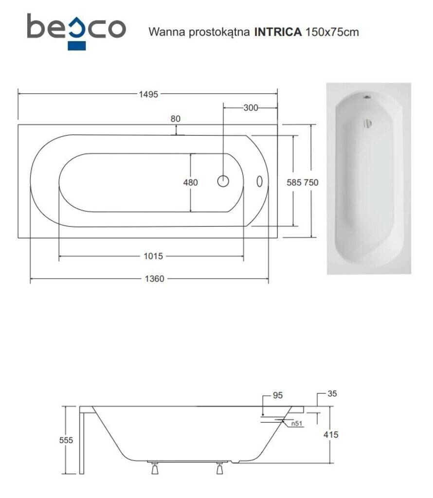 Kylpyamme Besco Intrica paneeleilla, 150x75 cm hinta ja tiedot | Kylpyammeet | hobbyhall.fi