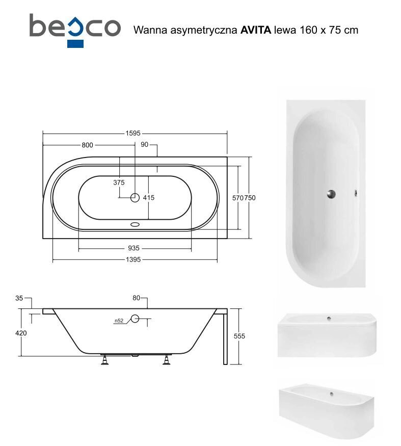 Kylpyamme Besco Avita paneelilla, 160x75 cm, vasen hinta ja tiedot | Kylpyammeet | hobbyhall.fi