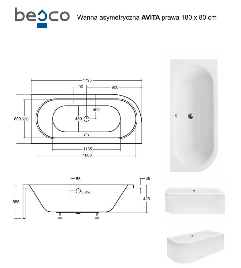 Kylpyamme Besco Avita paneelilla, 180x80 cm, oikea hinta ja tiedot | Kylpyammeet | hobbyhall.fi