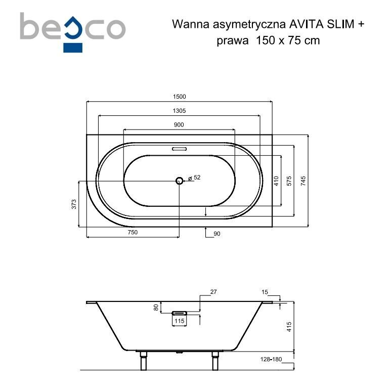 Kylpyamme Besco Avita Slim+, 150x75 cm, oikea hinta ja tiedot | Kylpyammeet | hobbyhall.fi