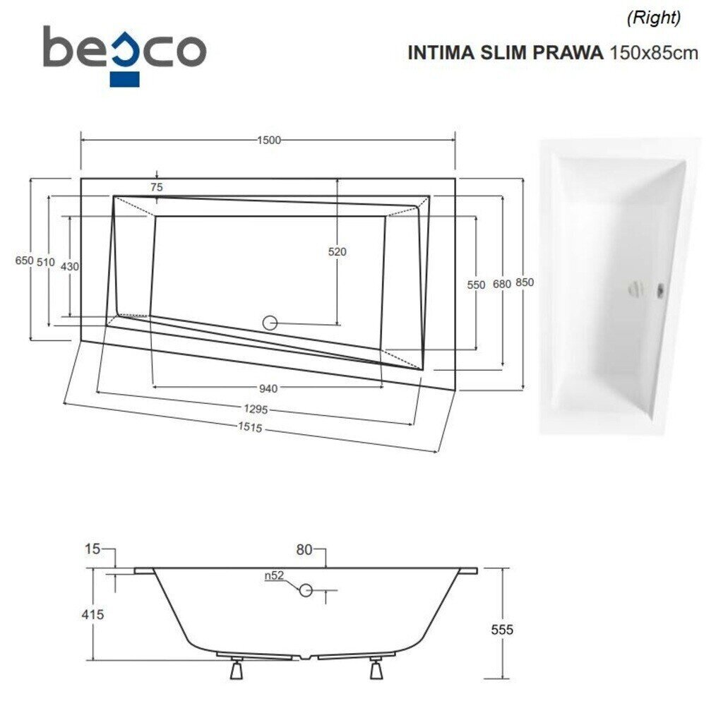 Kylpyamme Besco Intima Slim, 150x85 cm, oikea hinta ja tiedot | Kylpyammeet | hobbyhall.fi