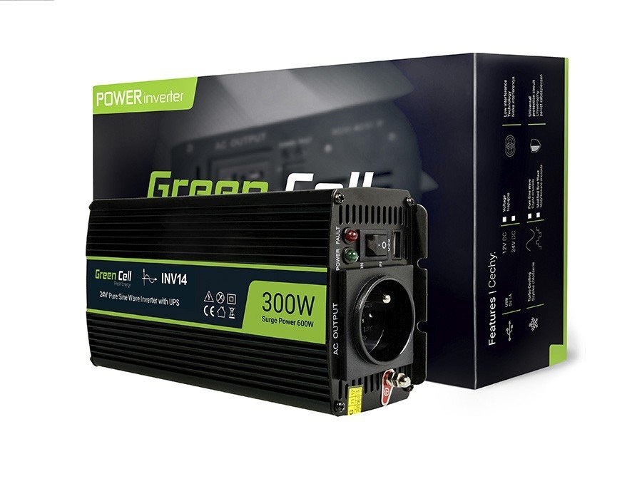 Green Cell Power Invertteri 24V - 230V 300W/600W puhdas siniaalto hinta ja tiedot | Muuntimet ja invertterit | hobbyhall.fi