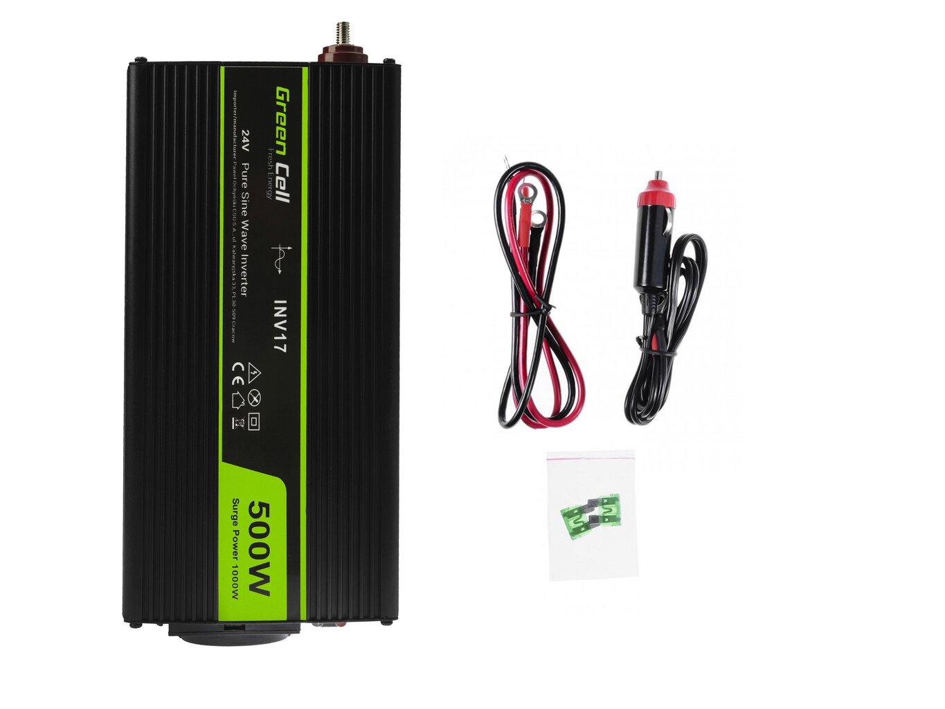 Green Cell Power Inverter 24V - 230V 500W/1000W puhdas siniaalto hinta ja tiedot | Muuntimet ja invertterit | hobbyhall.fi