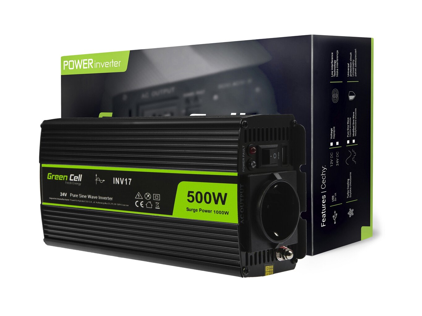 Green Cell Power Inverter 24V - 230V 500W/1000W puhdas siniaalto hinta ja tiedot | Muuntimet ja invertterit | hobbyhall.fi