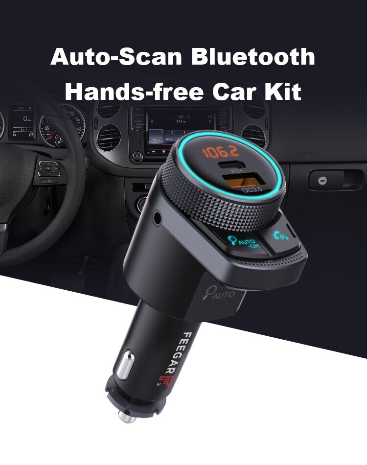 Feegar Q300 PRO FM-modulaattori Bluetooth Stereo AUX automaattinen hakulähetin BT 5.1 QC 3.0 PD microSD MP3 USB-C 12-24V laturi 38 W HD mikrofoni hinta ja tiedot | FM-lähettimet ja -sovittimet | hobbyhall.fi