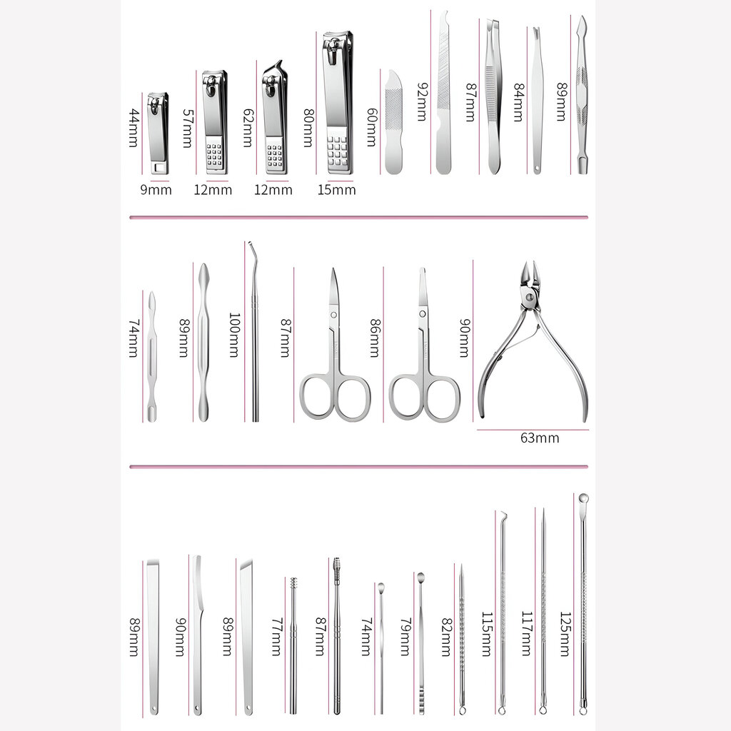 26-osainen itsehoitosetti manikyyriin ja pedikyyriin keinonahkakotelossa LIVMAN MP-001 hinta ja tiedot | Manikyyri- ja pedikyyritarvikkeet | hobbyhall.fi
