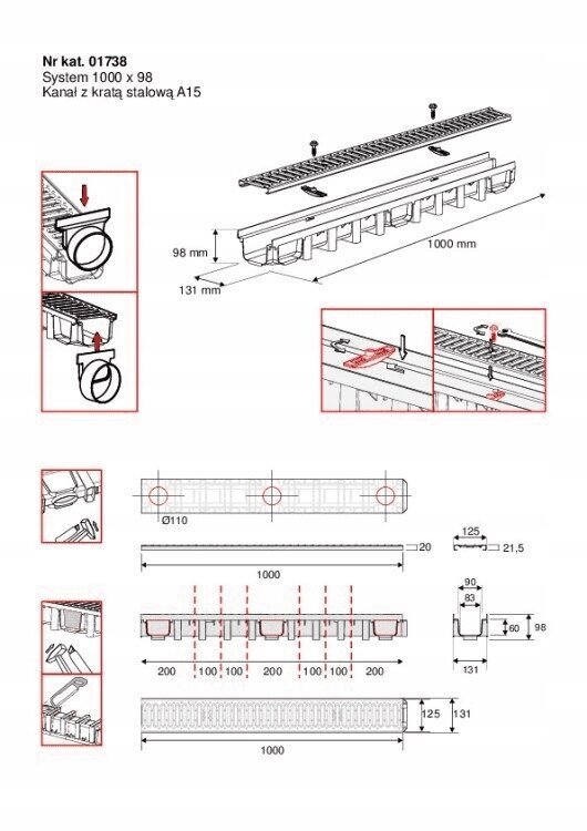 Lineaarinen viemärikanava teräsritilällä 1000x98mm hinta ja tiedot | Terassilattiat | hobbyhall.fi