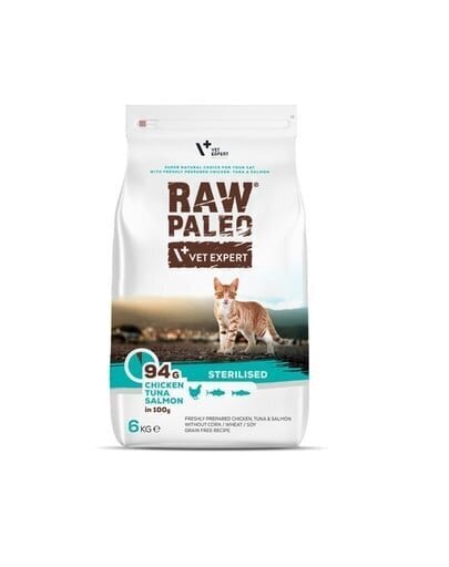 VetExpert Raw Paleo kissan täysravinto steriloiduille kissoille kanan, tonnikalan ja lohen kanssa, 6 kg hinta ja tiedot | Kissan kuivaruoka | hobbyhall.fi