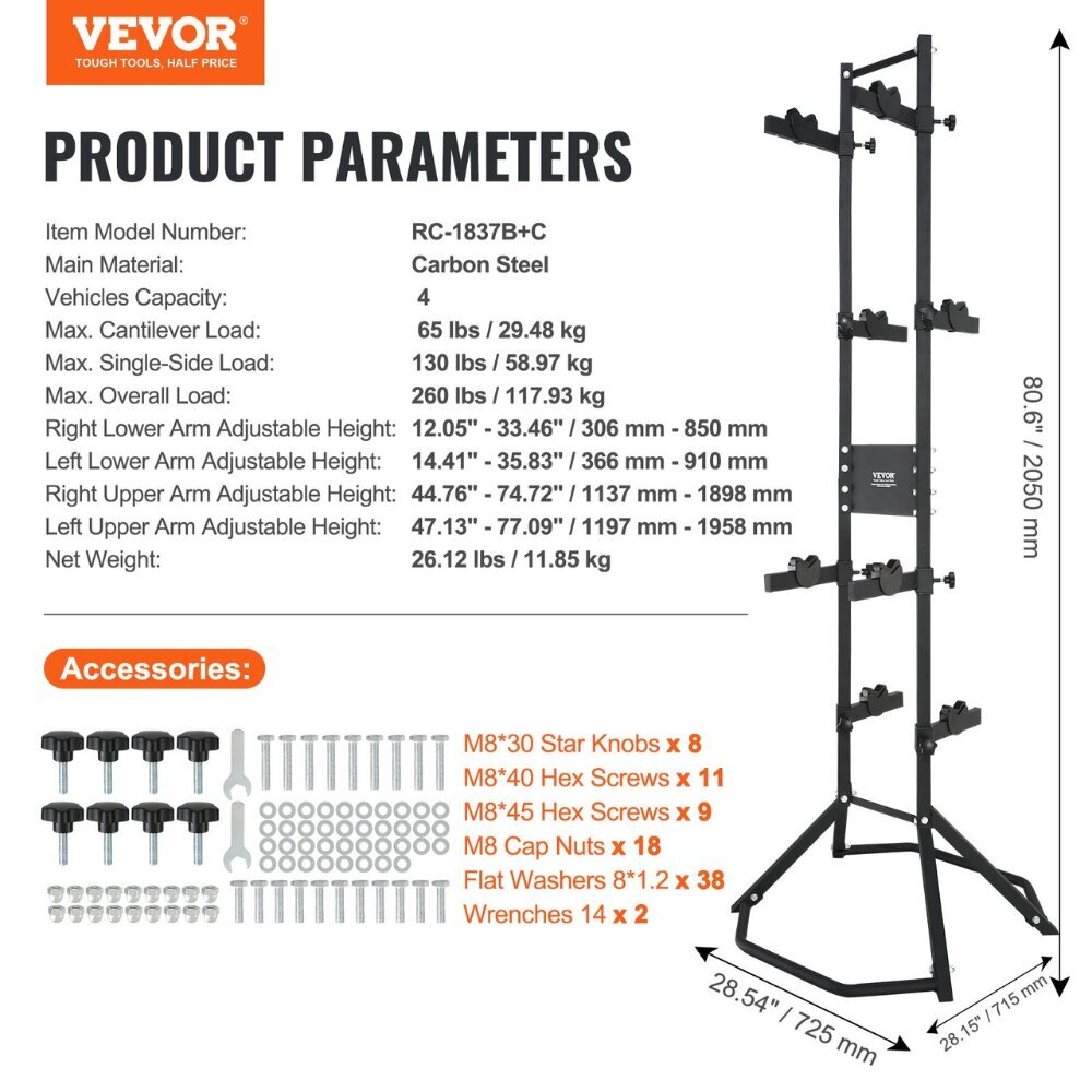 Pystyssä oleva pyöräteline VEVOR, max 117 kg hinta ja tiedot | Pyöränkuljetustelineet | hobbyhall.fi