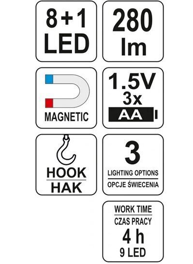 Työpajavalaisin 8 + 1 LED-magneetilla YT-08513 YATO. hinta ja tiedot | Taskulamput ja valonheittimet | hobbyhall.fi