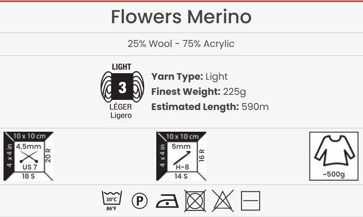 Neulelanka YarnArt Flowers Merino 225g, 590m, väri 530 hinta ja tiedot | Neulomistarvikkeet | hobbyhall.fi